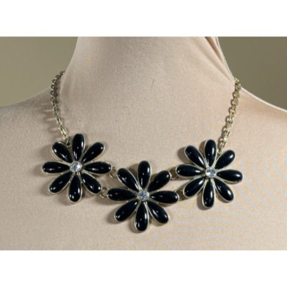 Vtg 3 Flower Choker Necklace Black Plastic Petals Rhinestone Gold Tone